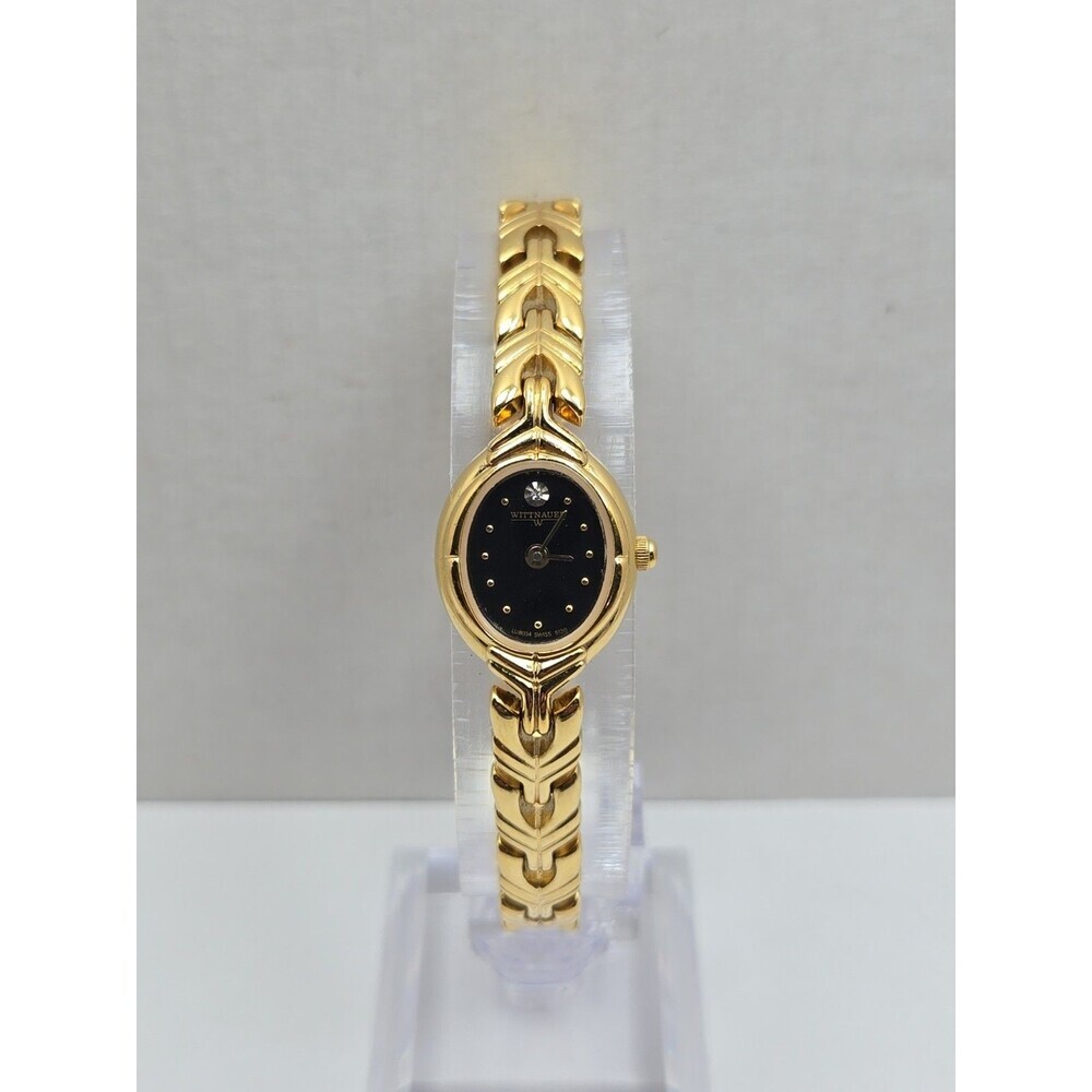 Wittnauer LU8034 Womens Swiss Quartz Gold Tone Black Dial Oval Watch New Battery